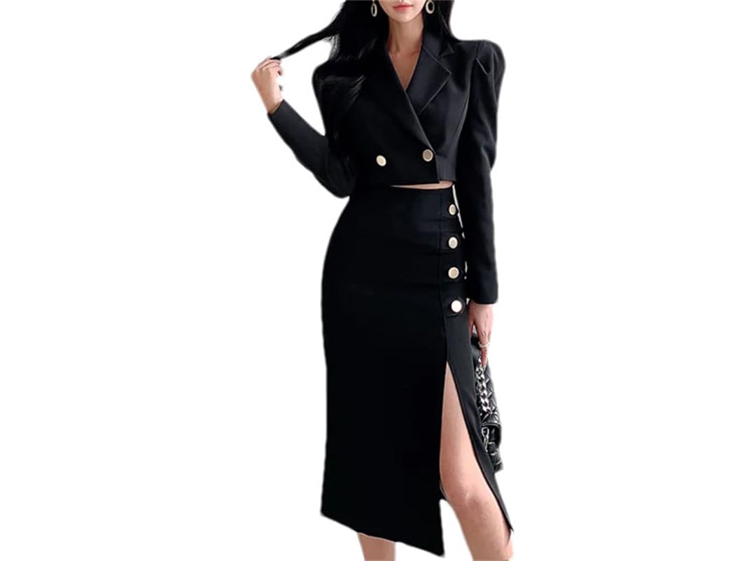Women Fall 2 Pieces Set Cropped Slim Notched Collar Blazer Fork Pencil Skirts Casual Office Skirt Suit