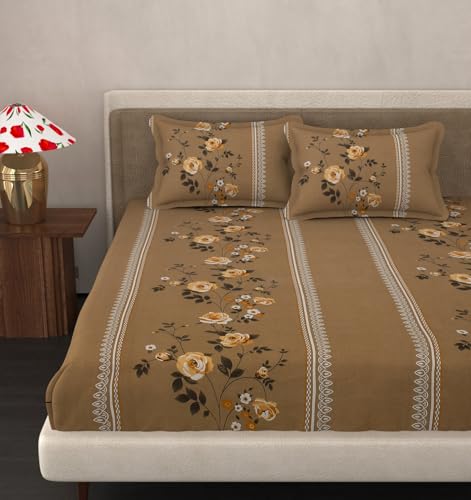 Image of VOMZER King Size (72x78) 300 TC Soft Cotton Feel Microfiber All Around Elastic Fitted Double Bedsheet with 2 Pillow Covers | Beige Lily