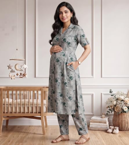 Image of DUMMY SHAPE Feeding Dresses for Women Full Set | Cotton Blend Maternity Kurta Pant Suit with Dual Nursing Zippers, Side Pocket to Pre & Post Pregnancy | Mom to Be Gifts