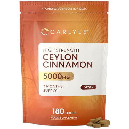 Ceylon Cinnamon Tablets 5000mg | Blood Sugar Control High Strength | 180 Vegan Tablets (3 Months Supply) | Cinnamomum Verum Extract | by Carlyle