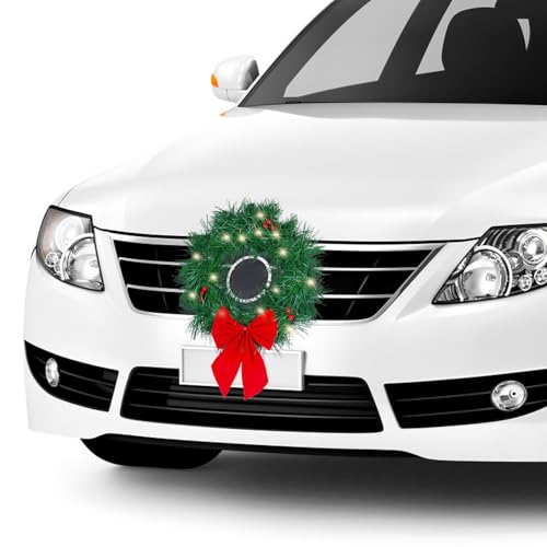 Christmas Car Decoration Wreath with Lights Fits Car Truck SUV or Any Car Mounting Equipment Included