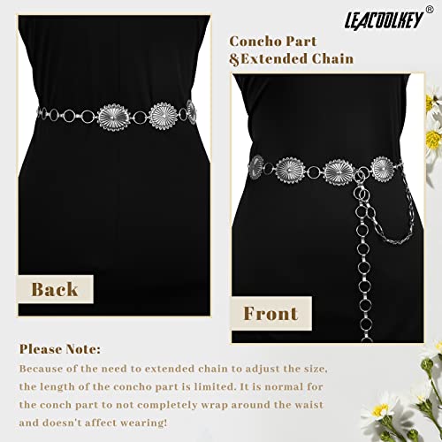 Image of LEACOOLKEY Women Turquoise Concho Chain Waist Belt Silver Western Cowgirl Metal Chain Belt for Dress Adjustable