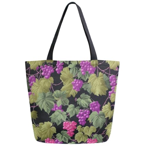 Leaves Branch Grapes Extra Large Canvas Gym Shoulder Tote,Durable Daily Reusable Top Handle Bag for Mens Womens Yoga Weekender Picnic Beach Travel Market Shopping