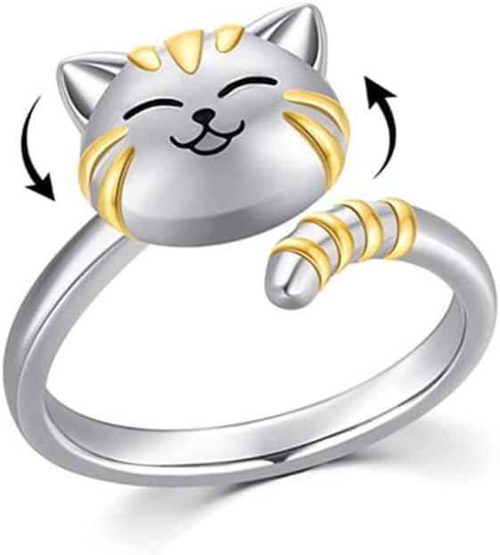 Cute Cat Pet Anxiety Spinner Ring Kitten Animal Fidget Open Adjustable Ring Sterling Silver Plated Worry Stress Relief Boredom ADHD Autism Jewelry Stacking Finger Promise Engagement Gift, Metal, No
