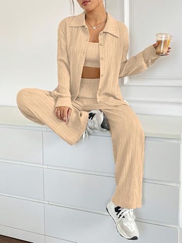 Image of Shasmi Women's 3-Piece Co-ord Set - Solid Button Front Shirt, Strapless Tube Top & Wide Leg Pants | Casual Loose Fit Western Outfit for Daily Spring /Fall Wear (Co-Ord-208)