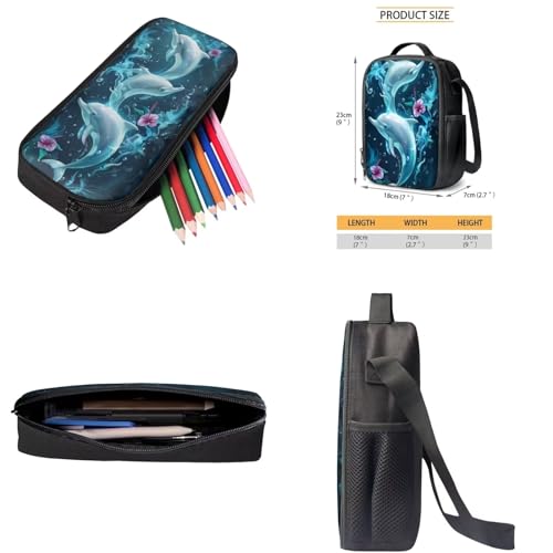 Dolphin Printed Backpack and Lunch Box Set for Kids, Hibiscus Printed Backpack and Pencil Case Set for Primary Middle, 17 Inch Lightweight Knapsack for Travel Picnic2