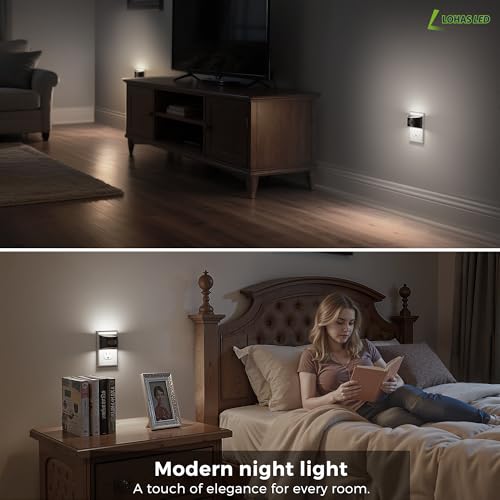 Image of L LOHAS LED Night Light with Motion Sensor & Dusk to Dawn Sensor, Night Lights Plug into Wall with 30-100lm Adjustable Brightness, Dimmable Night Light for Bathroom, 5000K Daylight White, 4 Pack