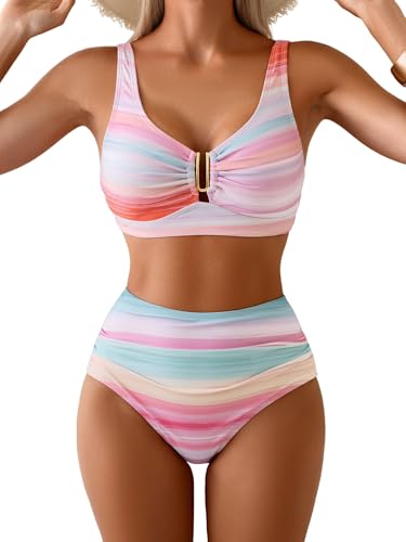 Image of Eomenie Bikini Sets for Women High Waisted Two Piece Bathing Suit U Wired V Neck Swimsuit Adjustable Straps Swimwear