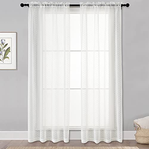 Seekright Polka Dots Sheer White Curtains 84 Inch Length 2 Panels Set For Living Room Bedroom Pattern Textured Curtains Rod Pocket Light Filtering Window Curtains Boho Drapes For Kids Girls, 38X84 #TOP1
