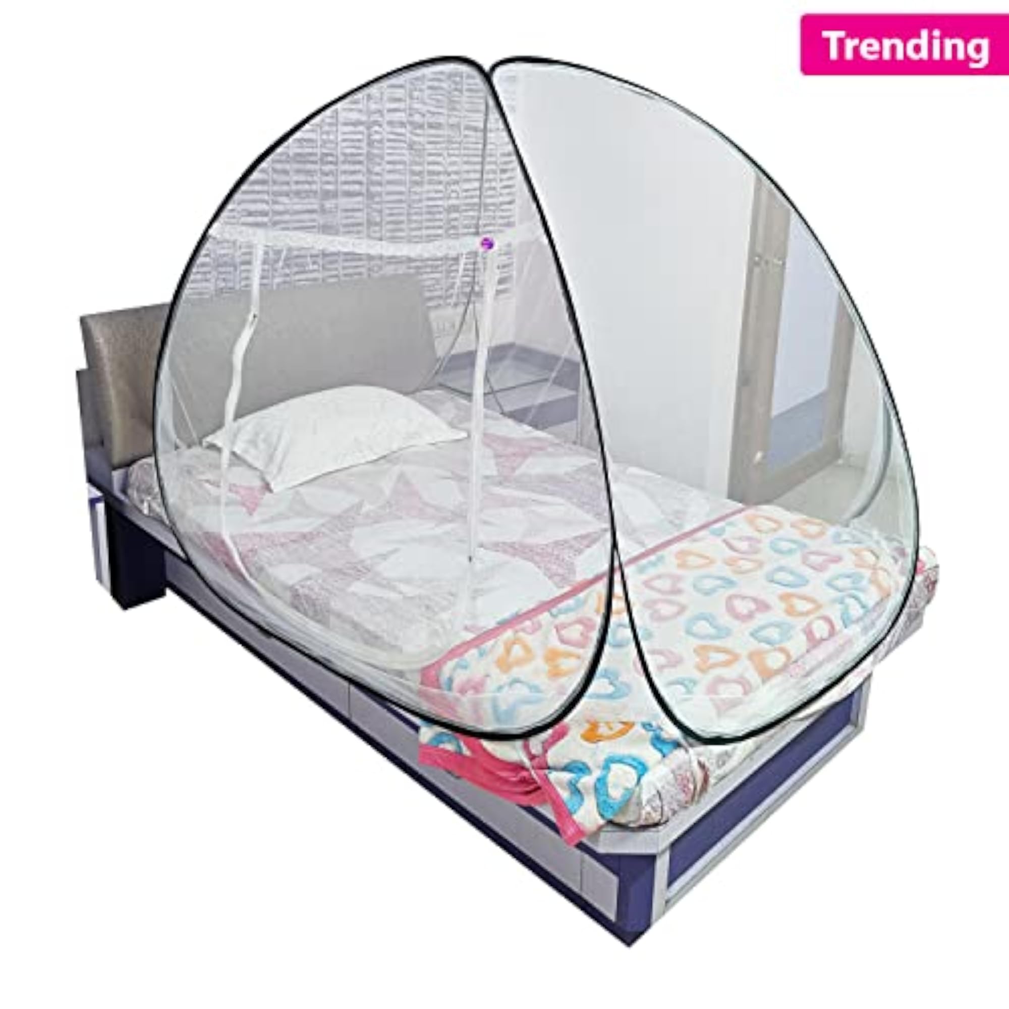Fodeble Mosquito Net for Single Bed, Polyester White with Black Border