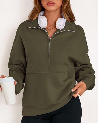 KIRUNDO Sweatshirt for Women 2026 Fall Half Zip Pullover Oversized Fleece Mock Neck Hoodies Fashion Outfits Winter Clothing(Army Green, Medium) — view 5