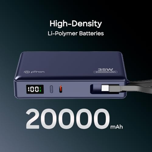 Image of pTron Dynamo Sprint 20000mAh 35W Super Fast Charging, USB Type-C Input Power Bank Compatible with QC3.0 /PD3.0, Built-in Charging Cable, 3 Charging Outputs, Type-C Input /Output Port (Indigo Blue)