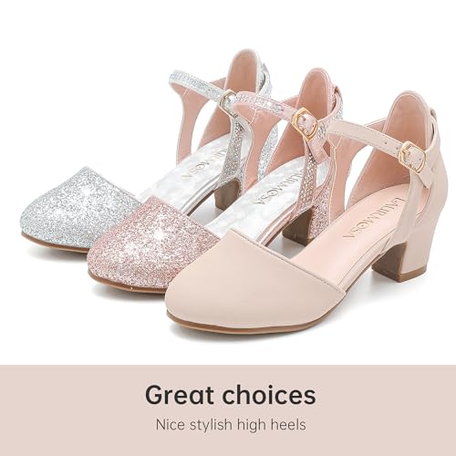 Laurmosa High Heels For Girls Dress Sandals Flower Girl Shoes For Wedding Party Gold Pumps Closed Toe Ankle Strap Princess Low Heel For Big Kids thumb #7