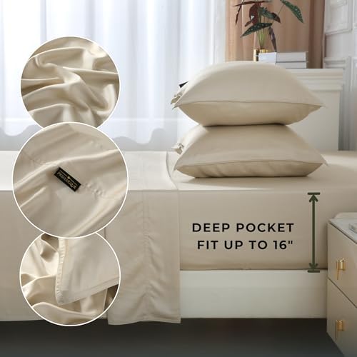 100% Bamboo Lyocell Bed Sheets – 400 Thread Count Sateen Weave, 6-Piece Set with Deep Pockets & 4 Pillowcases, Cooling, Soft, Oeko-TEX Certified (Pearl White, King (U.S. Standard)) - Thumbnail 5