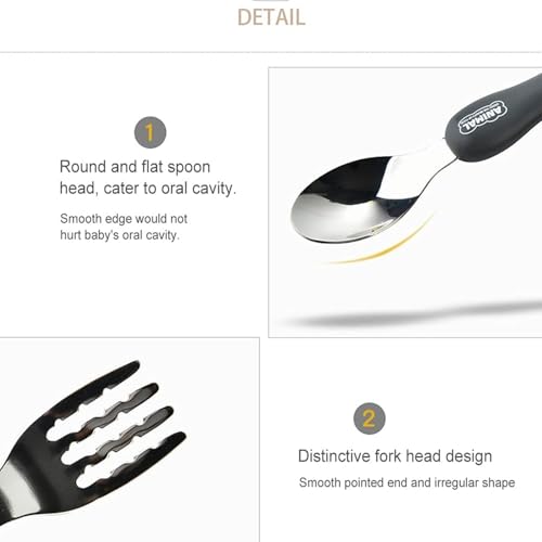 Image of Bekner Kids Cutlery Set, Stainless Steel Spoon and Fork with Animal Design Handles, 14.7 cm, Multicolor, Pack of 2 (Black)