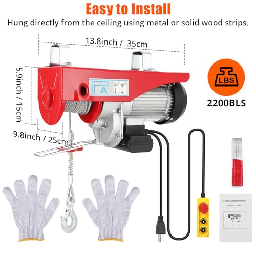 Electric Hoist 2200lbs, CuisinAid Electric Steel Wire Winch 1600W 110V, Remote Control Hoist, 39FT Single Cable Lifting Height Electric Hoist Winch for Garage Warehouse Factory