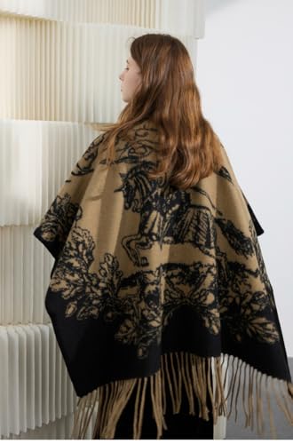New Retro Color Fringe Scarf Cape Double-sided Cape Scarf with Long Extended Cape for Warmth Featuring Equestrian and Knightly Patterns Design4