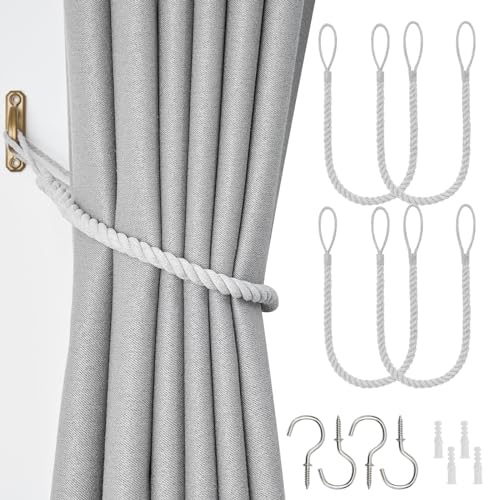 Pretty Jolly 4 Pack Natural Cotton Rope Curtain Tiebacks Boho Rustic Style Decorative Drape Tie Backs Hand-Woven Rope Curtain Holdbacks with Metal Hook for Home & Office Drapery (Cotton-Light Grey)