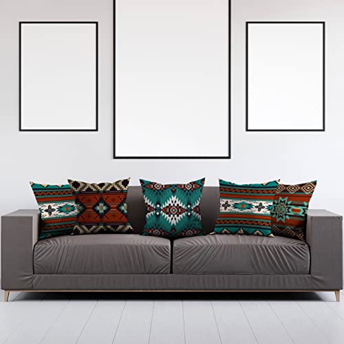 Western Native American Throw Pillow Covers 18X18 Southwestern Boho Aztec Navajo Turquoise Decorative Body Cushion Pillow Cases For Outdoor Home House Decor Set Of 4, Double Side Print #TOP2