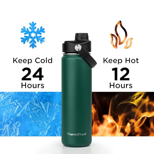 Image of ThermoProof Double-Walled Vacuum Insulated Stainless Steel Water Bottle - Wide Mouth with Chug & Spout Lids, Dishwasher Safe, Reusable, Leakproof, Hot & Cold for Men, Women - 22oz, Forest Green