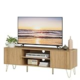 Apetaccat TV Stand for 55-65 Inch TV, Entertainment Center with Soft Hinge Door,TV Console Table with 2 Cabinets with Gold Handle and Feet,for Living Room, Bedroom, Oak