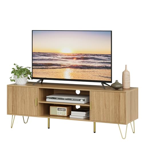 Apetaccat TV Stand for 55-65 Inch TV, Entertainment Center with Soft Hinge Door,TV Console Table with 2 Cabinets with Gold Handle and Feet,for Living Room, Bedroom, Oak by Apetaccat - Used condition - US$116.44