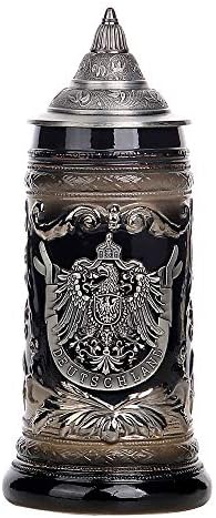 AEIDDRWAA 0.6 Liter Charcoal Black Ceramic Stein Beer Mug with Medieval Germany Eagle Coat of Arms on Engraved Metal Medallion