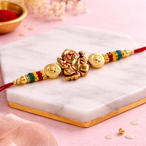 Image of JAIPUR ACE Designer Lord Ganesha Rakhi Bracelet with Multicolor Beads - Premium Gold Finish Raksha Bandhan Thread for Brother
