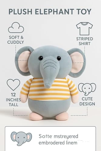 Image of Fun4you Plush Elephant Stuffed Animal Toy with Blue Striped T-Shirt, Soft Toy for Kids, Grey (Yellow)