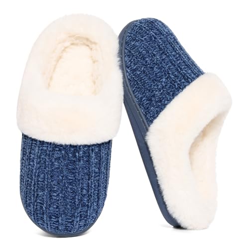 Evshine Women's Warm Chenille Knit House Slippers Comfy Memory Foam Winter Slippers with Faux Fur Collar and Indoor Outdoor Soles Navy, 38-39 (Size 7-7.5)