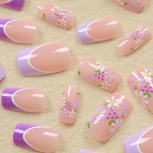 Image of Purple French Tip Press on Nails Medium Square Fake Nails White Flower False Nails with Grape Designs Artificial Acrylic Glossy Glue on Nails Nude Stick on Nails for Women Manicure 24pcs