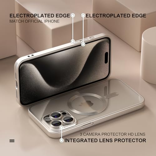 Image of Misea Magnetic for iPhone 15 Pro Max Case Compatible with MagSafe | Never Yellowing, Military Drop Protection, Full Camera Lens Protector Plating Soft Clear Phone Case Women, Titanium Natural