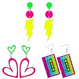 Livdouyu 3 Paar 80er 90er Jahre Neon Ohrringe Damen Retro Ohrringe Accessoires Acryl Set mit Kassette Blitz Herz für Mottoparty Kostüm Party