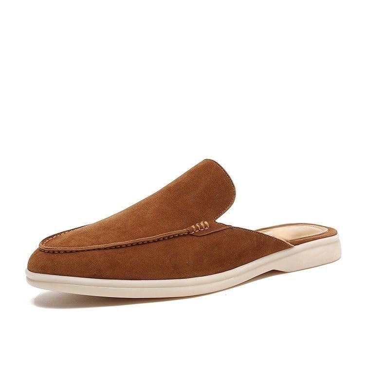 Men's Suede Round-Toe Flat Mules Clogs Slip On Low Heel Dress Loafers Non-Slip Slingback Half Driving Business Slippers