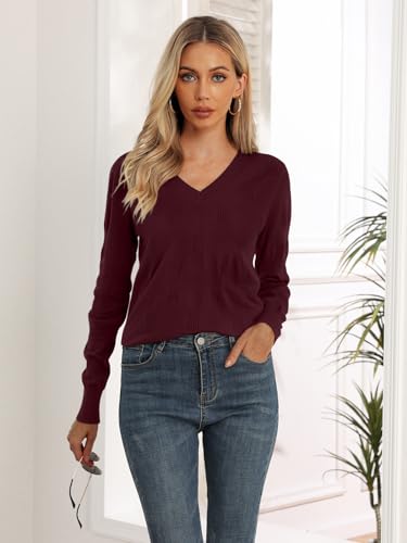 Image of Yincro Women V Neck Long Sleeve Soft Sweater Knit Casual Pullover Top