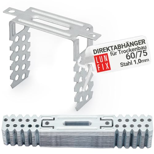 100 Stück 60/75mm Direktabhänger für Trockenbau | Für CD-Profile 60/27 | Deckenabhänger | Materialstärke 1,0 mm | U-Abhänger | Präzise Deckenprofil-Montage