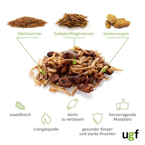 UGF - Insektenmischung - 80g im 500 Milliliter Eimer, Igelfutter, Rennmausfutter, Hamsterfutter, Rattenfutter, Eidechsenfutter - Mehlwürmer, Soldatenfliegenlarven, Seidenraupen