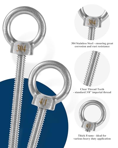 Image of Eye Bolt with Nuts 1 /4'' x 3'' (4 Pack), Imperial, Heavy Duty Stainless Steel 3 /8-16 Long Eye Bolts, Bonus Drill Bit Included