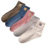 XIUYANG 5 Pairs Cute Smiling Face Socks Smiley Face Embroidery Ankle Novelty Funny Socks Gifts for W