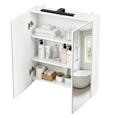 Songvas Spiegelschrank Bad, Badezimmerschrank 60 cm Breit, Wandschrank, mit Höhenverstellbaren Einlegeböden, für Badezimmer und WC, MDF, 60 x 16,5 x 70 cm, Weiß
