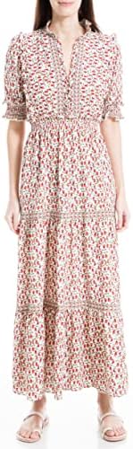 Max Studio Women's Elbow Length Sleeve Print Tiered Maxi Dress, Cream/Berry Lattice Cala Lily, Small