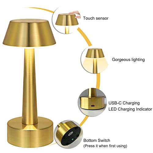 Umexus Cordless Small Table Lamp For Bar Restaurant, Rechargeable Battery Operated Touch Lamps, 3-Way Dimmable Metal Portable Bedside Night Light Gold Mini Desk Lamp For Outdoor, Home Decor #TOP5