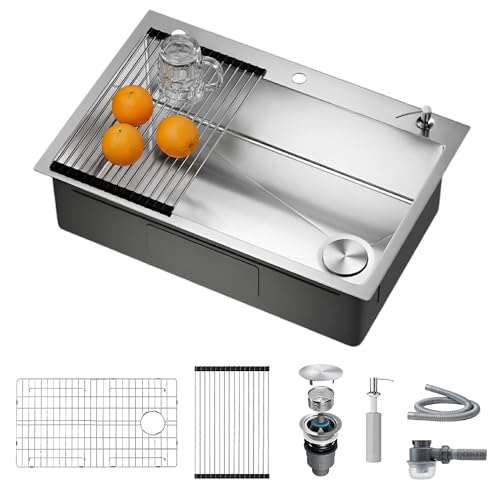 33"x22"x10" Drop in Kitchen Sink Topmount 16 Gauge S304 Stainless Steel Kitchen Sinks with Pop-Up Drain Single Bowl Deep Sink with Accessories fregaderos de cocina modernos (Right-Side Drain)