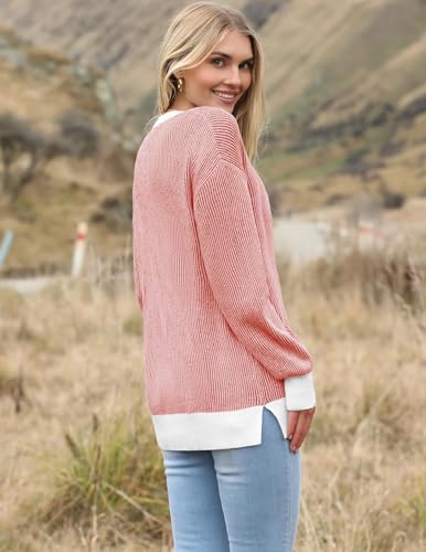 Image of Zeagoo Women 2026 Fall Lightweight Oversized Sweater Crew Neck Long Sleeve Color Block Pullover Rib Knit Blouse Tops XS-2XL