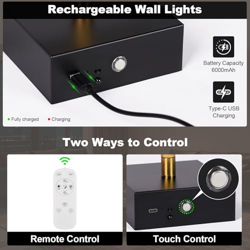 Image of Wall Sconces Set of Two with Remote Control 29.1 in Dimmable Black Gold Battery Operated Wall Lights 350 Ratation 3000K-6000K LED Wireless Rechargeable Sconce for Bathroom Living Room Bedroom