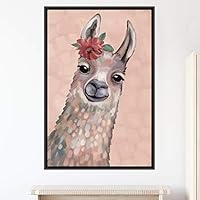 SIGNWIN Framed Canvas Wall Art Cute Nursery Baby Llama with Red Flower Animals Wildlife Oil Painting Modern Art Contemporary Portrait Fun Pastel for Living Room, Bedroom, Office - 16