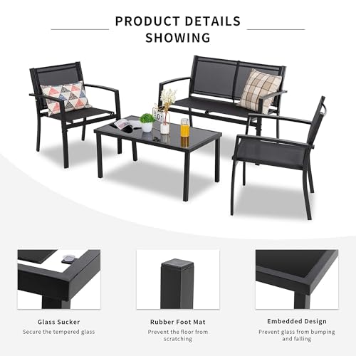 Shintenchi 4 Pieces Patio Furniture Set All Weather Textile Fabric Outdoor Conversation Set, with Glass Coffee Table, Loveseat, 2 Single Chairs for Home, Garden, Lawn, Porch(Black) - Image 6