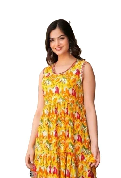 Women's Yellow Floral Print Sleeveless Tiered Long Casual Dress with Embellished Neckline-picture-43