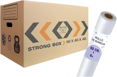 10 Cajas Mudanza Talla XXL 96 Litros + Rollo Burbujas - Cajas Carton (60X40X40) Reforzadas y Resistentes - Cajas con Certificación FSC - Cajas de Carton Mudanza 100% Reutilizables