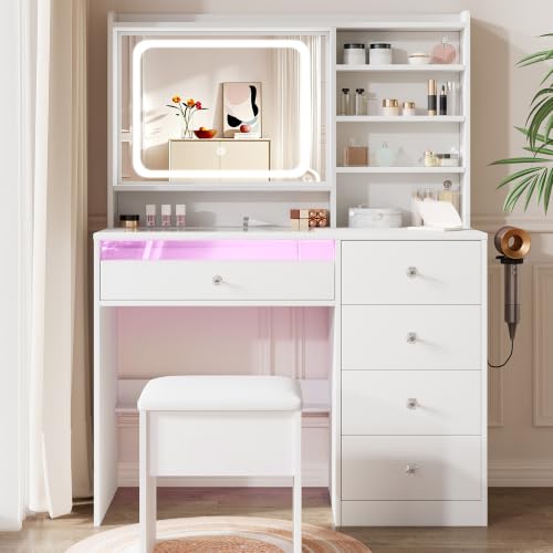 Image of LIVELYGLOW 39.4 inch White Vanity Desk Set with Glass Desktop & RGB Light Strip | Smart LED Mirror, Charging Station, Cushioned Stool, Hairdryer Rack, 4 Drawers